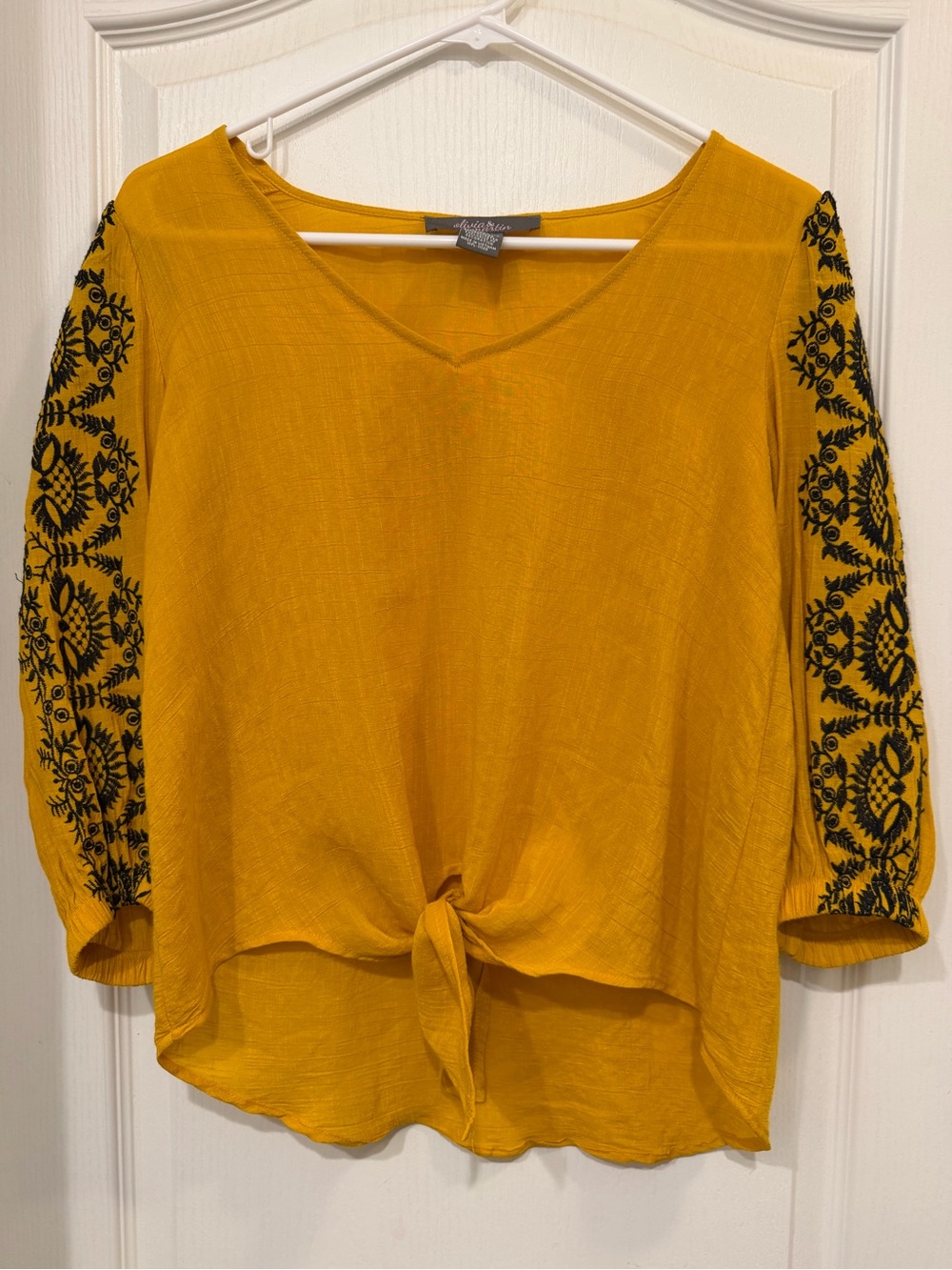 Embroidered Mustard Tie-Front Women's Blouse by Four Seasons